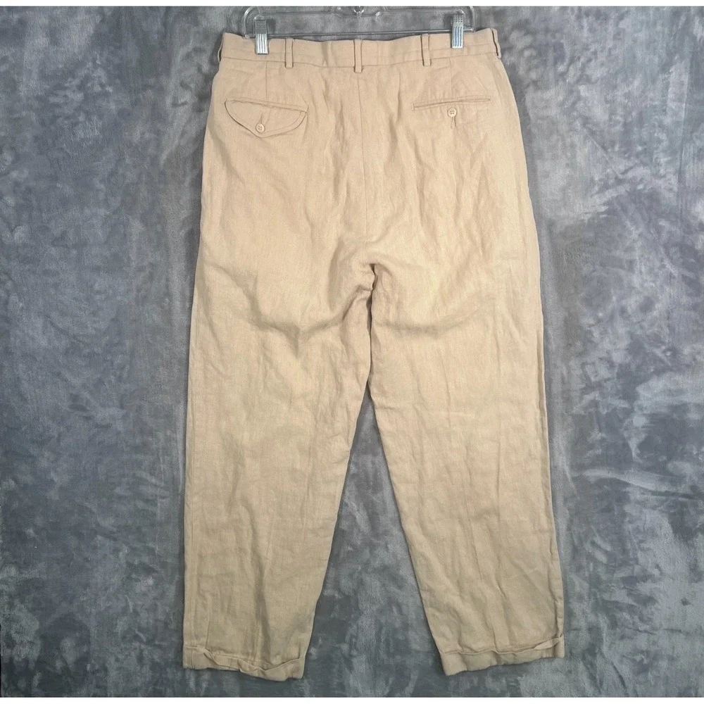 Vintage Polo Ralph Lauren Linen Pants Mens 35x32 (33x29) Pleated Beige VTG Chino